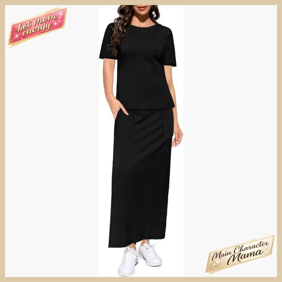 Two Piece Skirt Set Casual Wrinkle Free Top Elastic Waist Maxi Skirt Lounge Wear